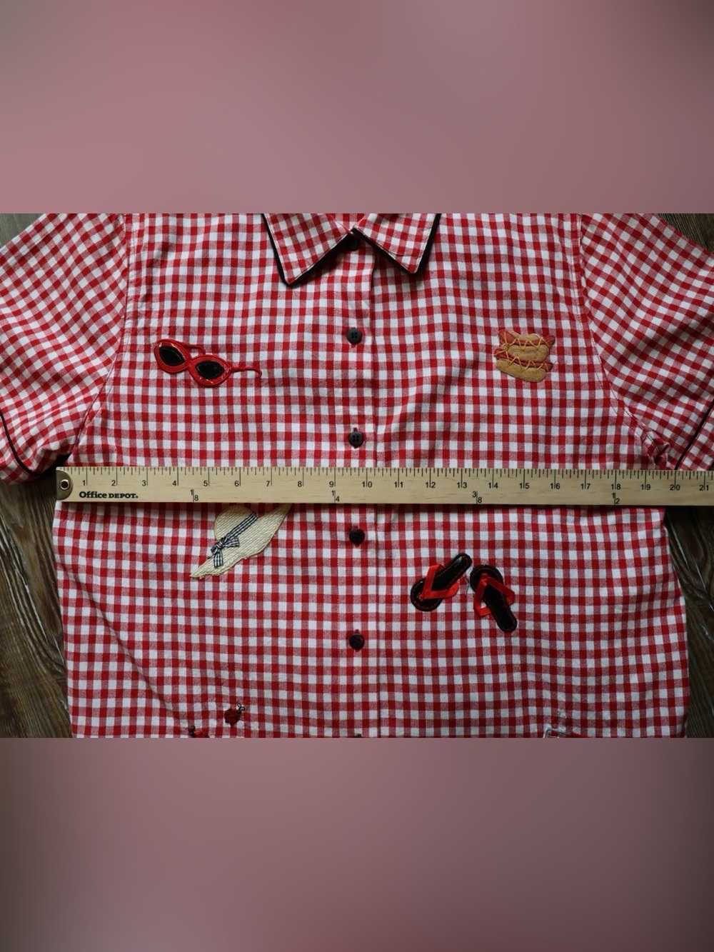 Red Gingham Picnic Novelty Applique Rockabilly Blouse Top Womens Large - Picture 15 of 16